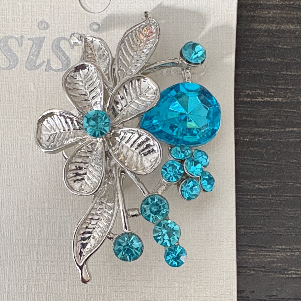 Silver and Blue Floral Brooch